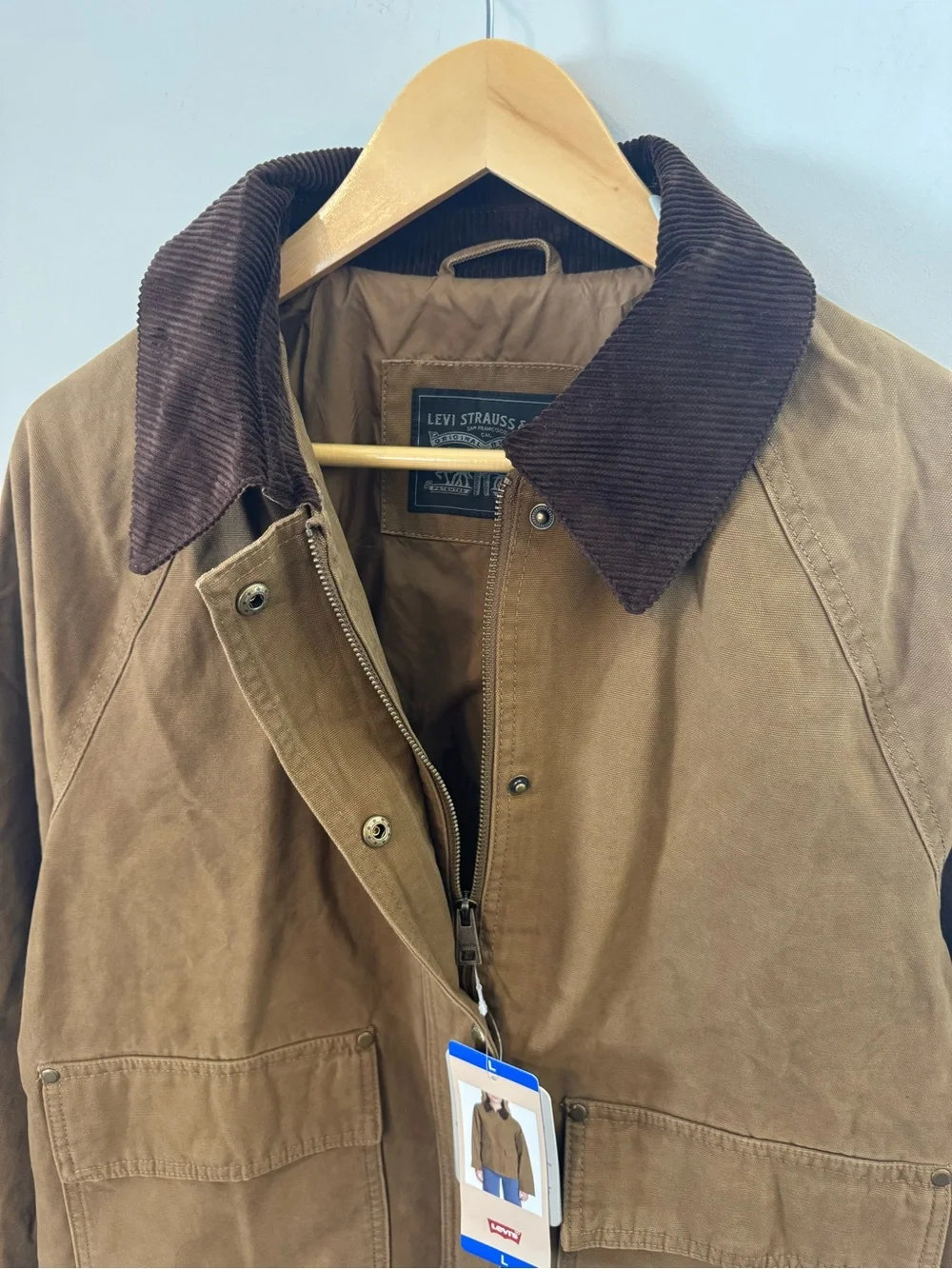 Levi’s Canvas Cotton Shorty Barn Coat, Cord Collar, Tan/Brown, Women’s L, NWT